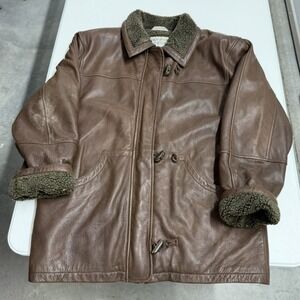 Brandon thomas Vintage Brown Leather Jacket Sherpa Collar Toggle Coat Mens M